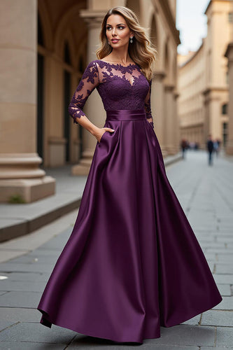 Satin Grape Illusion Boat Neck Maxi Mother of the Bride Dress with Lace