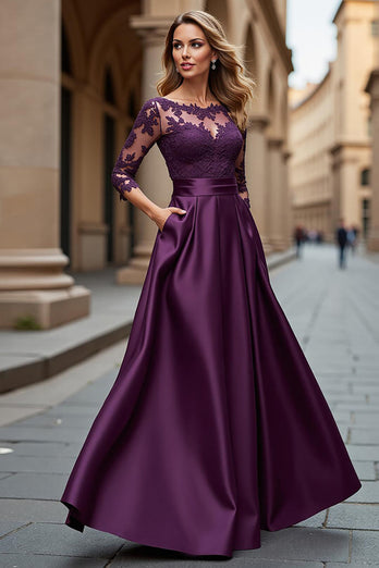 Satin Grape Illusion Boat Neck Maxi Mother of the Bride Dress with Lace