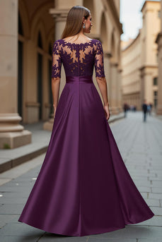 Satin Grape Illusion Boat Neck Maxi Mother of the Bride Dress with Lace