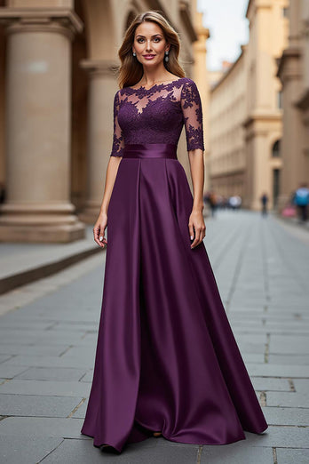 Satin Grape Illusion Boat Neck Maxi Mother of the Bride Dress with Lace