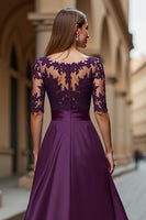 Load image into Gallery viewer, Satin Grape Illusion Boat Neck Maxi Mother of the Bride Dress with Lace