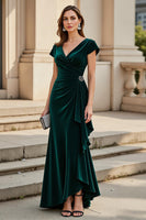 Load image into Gallery viewer, Velvet Pine Ruched V-Neck Long Mother of the Bride Dress with Ruffles