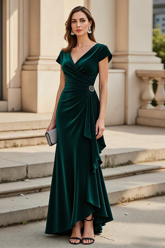 Velvet Pine Ruched V-Neck Long Mother of the Bride Dress with Ruffles