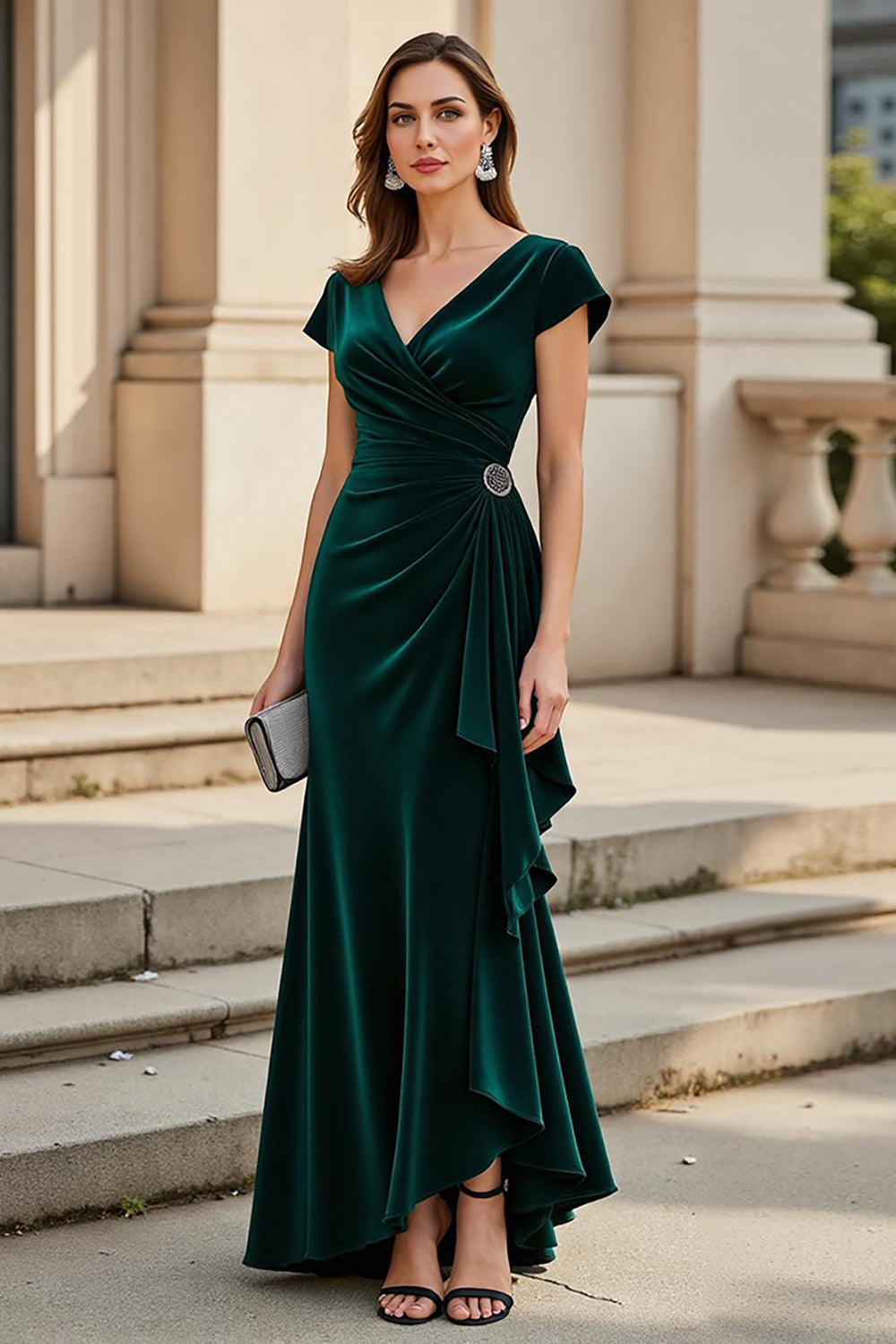 Velvet Pine Ruched V-Neck Long Mother of the Bride Dress with Ruffles