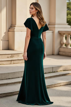 Velvet Pine Ruched V-Neck Long Mother of the Bride Dress with Ruffles