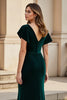 Load image into Gallery viewer, Velvet Pine Ruched V-Neck Long Mother of the Bride Dress with Ruffles