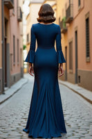 Load image into Gallery viewer, Mermaid Navy V-Neck Long Mother of the Bride Dress with Sleeves