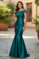 Load image into Gallery viewer, Satin Peacock Green One Shoulder Ruched Long Mother of the Bride Dress