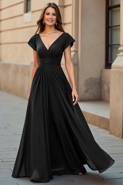 Black Chiffon V-Neck Ruched Maxi Mother of the Bride Dress with Sleeves