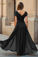 Load image into Gallery viewer, Black Chiffon V-Neck Ruched Maxi Mother of the Bride Dress with Sleeves