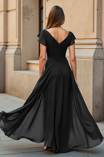 Black Chiffon V-Neck Ruched Maxi Mother of the Bride Dress with Sleeves