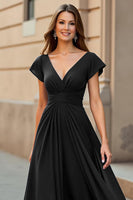Load image into Gallery viewer, Black Chiffon V-Neck Ruched Maxi Mother of the Bride Dress with Sleeves