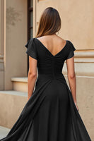 Load image into Gallery viewer, Black Chiffon V-Neck Ruched Maxi Mother of the Bride Dress with Sleeves