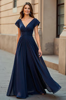 Load image into Gallery viewer, Black Chiffon V-Neck Ruched Maxi Mother of the Bride Dress with Sleeves