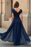 Load image into Gallery viewer, Black Chiffon V-Neck Ruched Maxi Mother of the Bride Dress with Sleeves