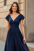 Load image into Gallery viewer, Black Chiffon V-Neck Ruched Maxi Mother of the Bride Dress with Sleeves