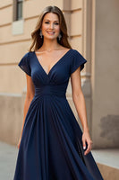 Load image into Gallery viewer, Black Chiffon V-Neck Ruched Maxi Mother of the Bride Dress with Sleeves