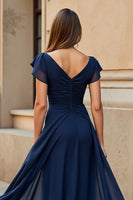 Load image into Gallery viewer, Black Chiffon V-Neck Ruched Maxi Mother of the Bride Dress with Sleeves