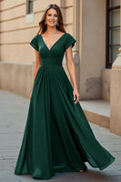 Load image into Gallery viewer, Black Chiffon V-Neck Ruched Maxi Mother of the Bride Dress with Sleeves