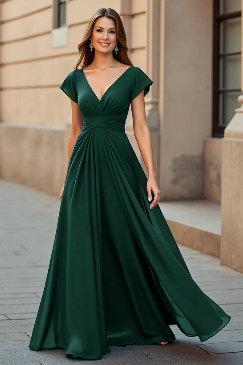 Load image into Gallery viewer, Black Chiffon V-Neck Ruched Maxi Mother of the Bride Dress with Sleeves