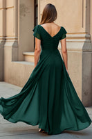 Load image into Gallery viewer, Black Chiffon V-Neck Ruched Maxi Mother of the Bride Dress with Sleeves