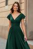 Load image into Gallery viewer, Black Chiffon V-Neck Ruched Maxi Mother of the Bride Dress with Sleeves