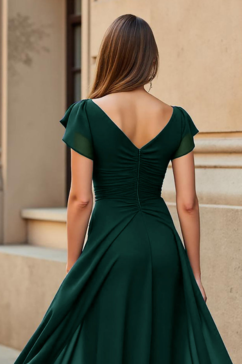 Load image into Gallery viewer, Black Chiffon V-Neck Ruched Maxi Mother of the Bride Dress with Sleeves