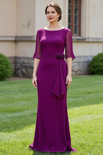 Floral Grape Mermaid Boat Neck Long Mother of the Bride Dress with Sleeves