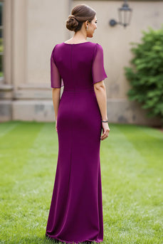 Floral Grape Mermaid Boat Neck Long Mother of the Bride Dress with Sleeves
