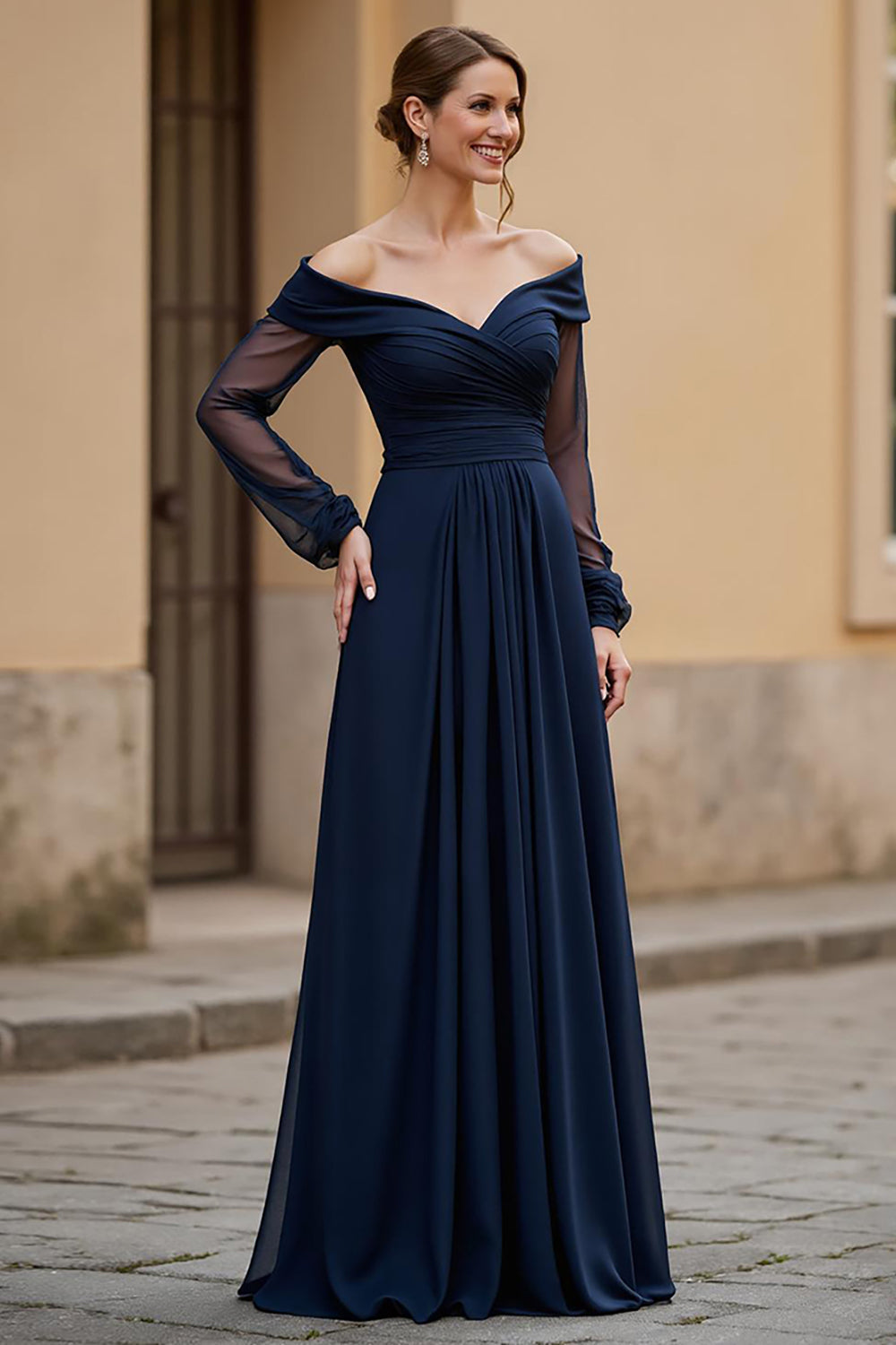 Navy Chiffon Ruched Maxi Mother of the Bride Dress with Sleeves