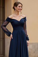 Load image into Gallery viewer, Navy Chiffon Ruched Maxi Mother of the Bride Dress with Sleeves