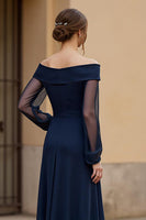 Load image into Gallery viewer, Navy Chiffon Ruched Maxi Mother of the Bride Dress with Sleeves