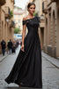 Load image into Gallery viewer, Chiffon Black One Shoulder Ruffled Long Mother of the Bride Dress with Lace