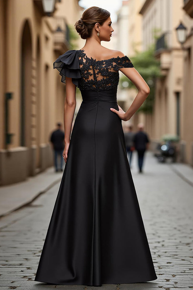 Load image into Gallery viewer, Chiffon Black One Shoulder Ruffled Long Mother of the Bride Dress with Lace