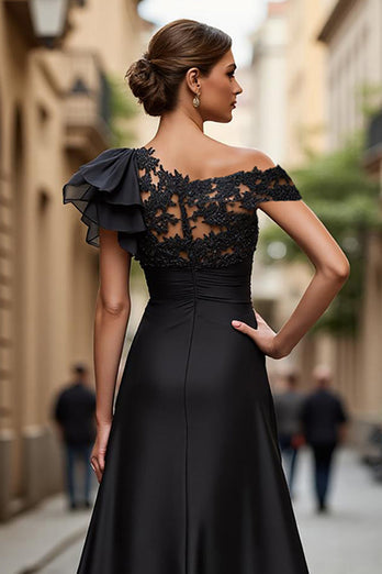 Chiffon Black One Shoulder Ruffled Long Mother of the Bride Dress with Lace