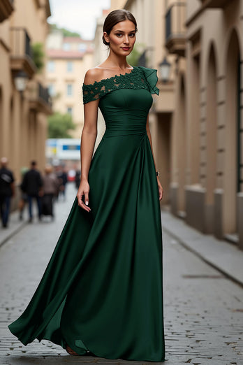 Plum Chiffon One Shoulder Ruffled Long Mother of the Bride Dress with Lace