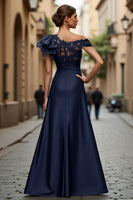 Load image into Gallery viewer, Plum Chiffon One Shoulder Ruffled Long Mother of the Bride Dress with Lace