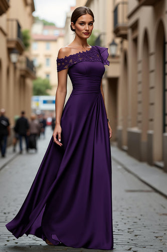 Plum Chiffon One Shoulder Ruffled Long Mother of the Bride Dress with Lace