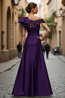 Load image into Gallery viewer, Plum Chiffon One Shoulder Ruffled Long Mother of the Bride Dress with Lace