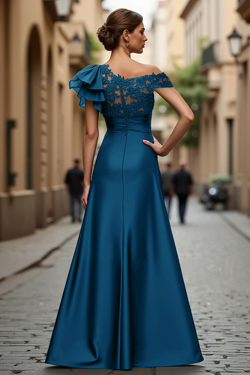 Load image into Gallery viewer, Plum Chiffon One Shoulder Ruffled Long Mother of the Bride Dress with Lace