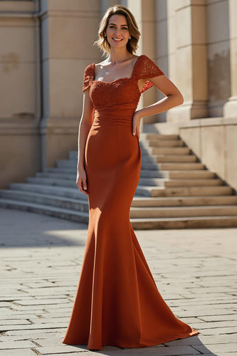 Rust Mermaid Satin Long Mother of the Bride Dress with Lace
