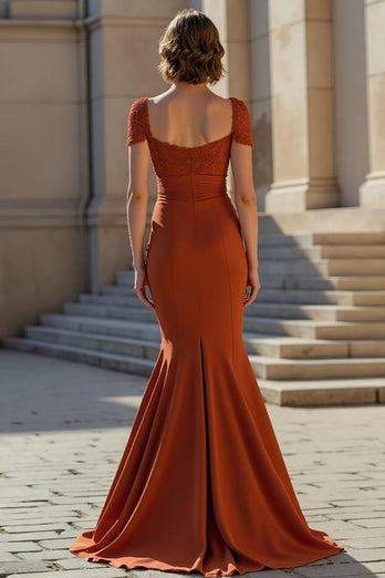 Rust Mermaid Satin Long Mother of the Bride Dress with Lace