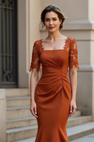 Load image into Gallery viewer, Mermaid Rust Ruched Satin Long Mother of the Bride Dress with Lace