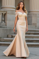 Load image into Gallery viewer, Mermaid Champagne Satin Maxi Mother of the Bride Dress with Lace