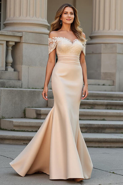 Mermaid Champagne Satin Maxi Mother of the Bride Dress with Lace