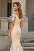 Load image into Gallery viewer, Mermaid Champagne Satin Maxi Mother of the Bride Dress with Lace