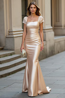 Load image into Gallery viewer, Mermaid Champagne Satin Long Mother of the Bride Dress with Lace