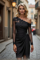 Load image into Gallery viewer, Black Satin Ruffled One Shoulder Short Mother of the Bride Dress with Sleeves