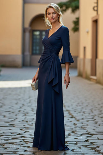 Navy Satin V-Neck Ruched Long Mother of the Bride Dress with Ruffles