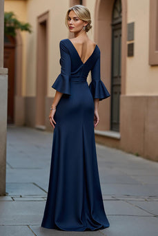 Navy Satin V-Neck Ruched Long Mother of the Bride Dress with Ruffles